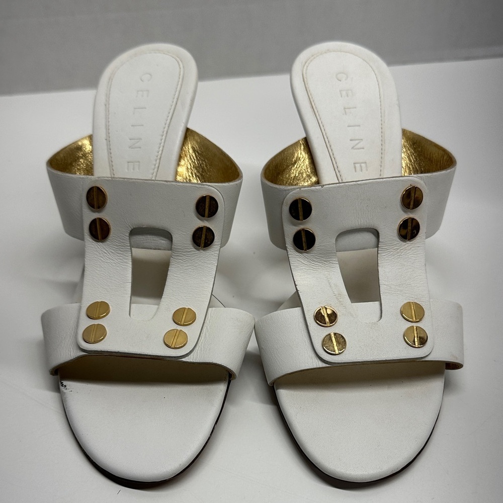 Celine Triomphe Heels High Heel Shoes Open Toe Leather White Gold Studs Size 37 - Picture 3 of 14